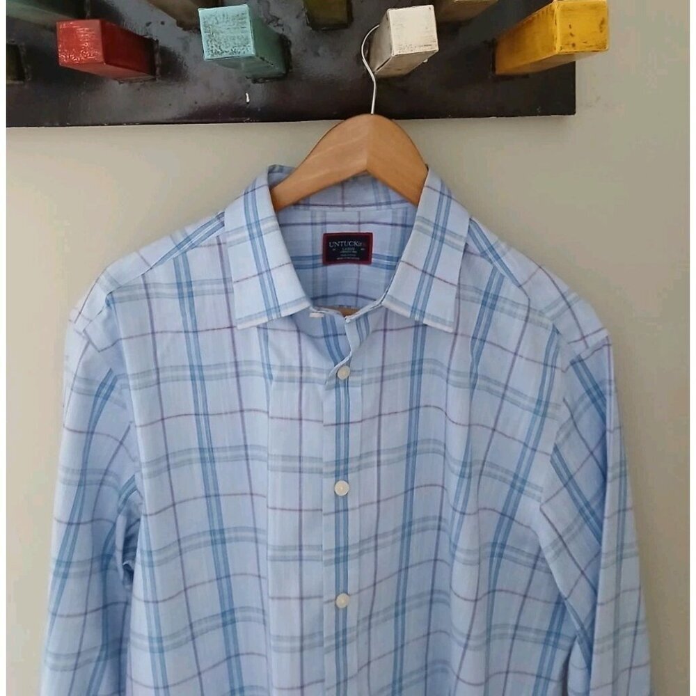 Untuckit Triano L/S Button Down Shirt Size Large Blue Plaid Old Money Work - Picture 2 of 10